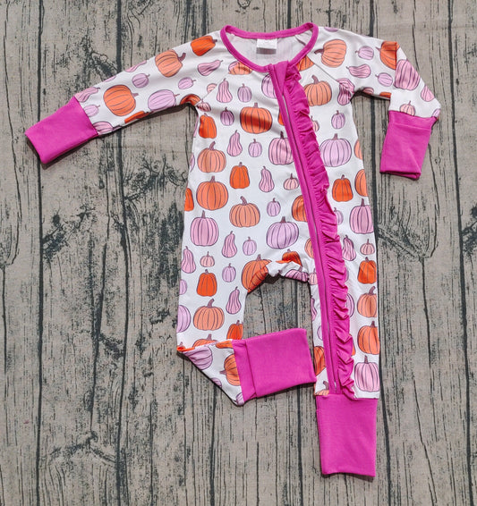 Preorder LR2566 Pumpkin Rose Red Ruffle Zippy Long Sleeve Girls Romper 202508