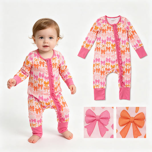 LR2567 Bows Rose Red Ruffle Zippy Long Sleeve Girls Romper 202607 RTS
