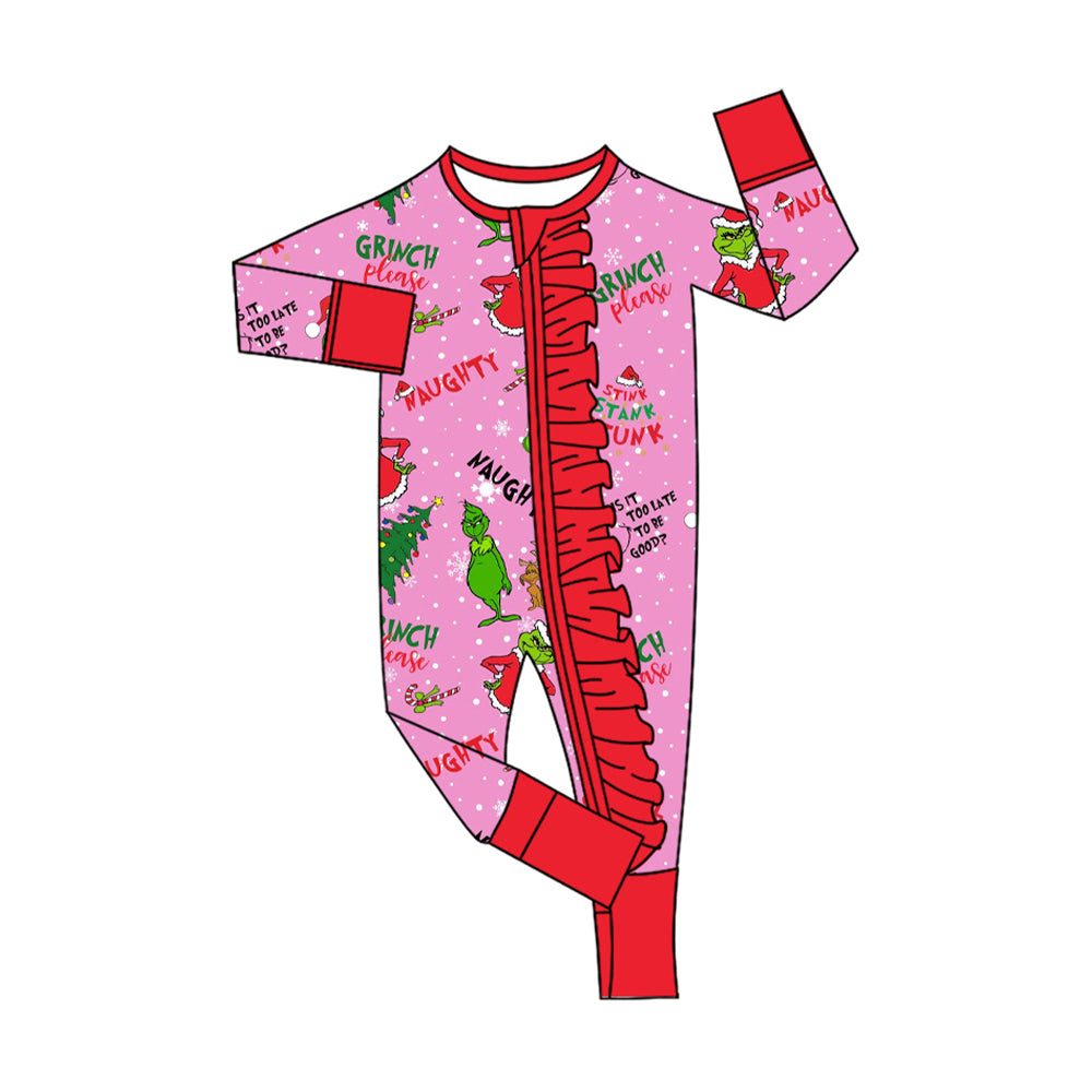Preorder LR2570 Christmas Grinch Red Ruffle Zippy Long Sleeve Girls Romper 202508