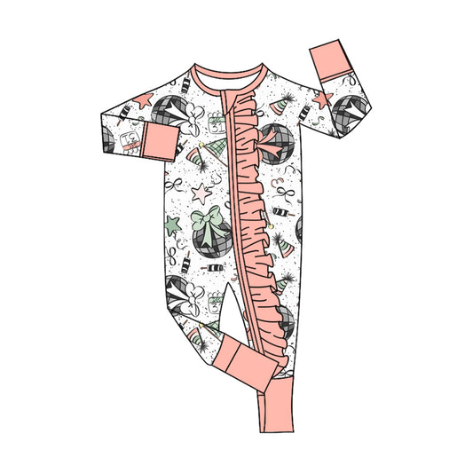 Preorder LR2571 Happy New Year Pink Ruffle Zippy Long Sleeve Girls Romper 202508