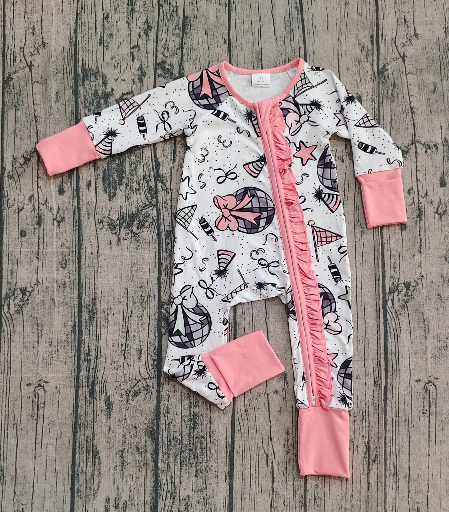 LR2571 Happy New Year Pink Ruffle Zipper Long Sleeve Girls Romper 202510 RTS