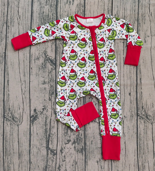 NO MOQ Preorder LR2574 Christmas Grinch Red White Zippy Long Sleeve Boys Romper 202508