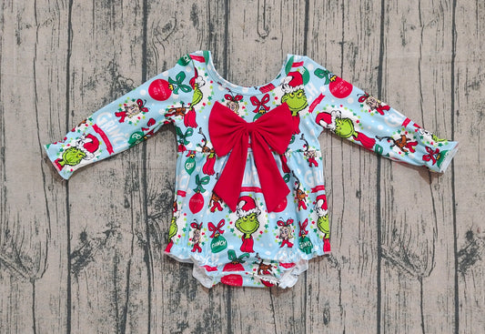 NO MOQ Preorder LR2575 Christmas Grinch Red Big Bows Long Sleeve Girls Bubble Romper 202508