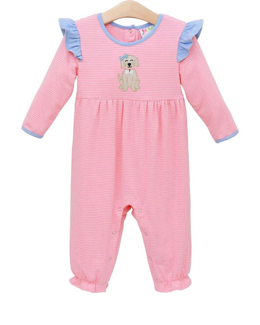 Preorder LR2580 Puppy Blue Ruffle Pink Stripe Long Sleeve Girls Romper 202508