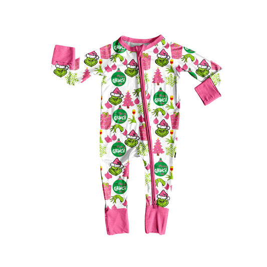 Preorder LR2588 Christmas Grinch Rose Red Zipper Long Sleeve Girls Romper 202508