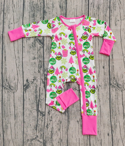 NO MOQ Preorder LR2588 Christmas Grinch Rose Red Zipper Long Sleeve Girls Romper 202508