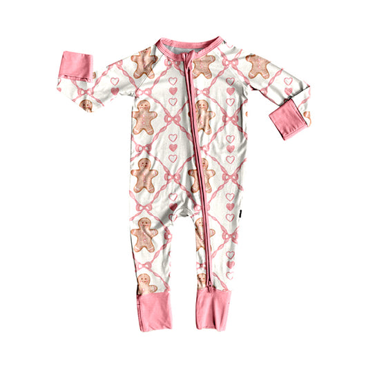 Preorder LR2589 Christmas Gingerbread Man Pink Zipper Long Sleeve Girls Romper 202508