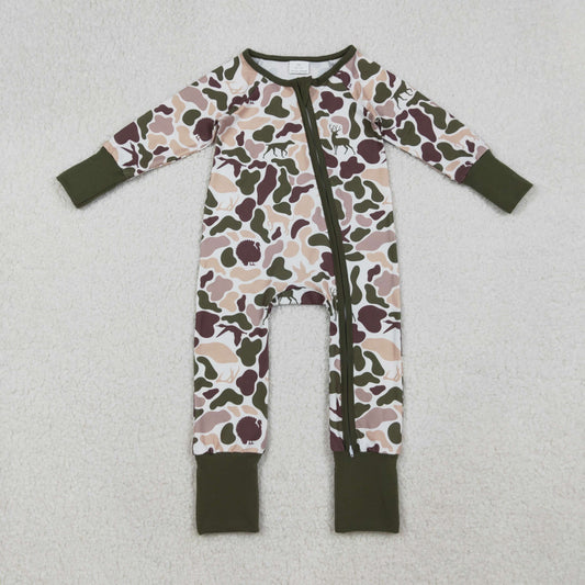 LR2590 Turkey Deer Duck Hunting Army Green Camo Zipper Long Sleeve Boys Romper 202509 RTS