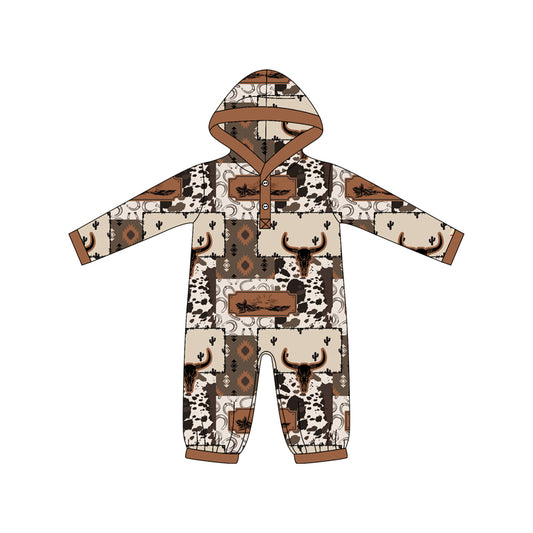 Preorder LR2592 Alpine Bull Head Leopard Print Cowboy Hooded Long Sleeve Boys Romper 202508