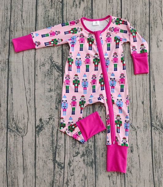 Preorder LR2598 Christmas Nutcracker Pink Zipper Long Sleeve Girls Romper 202508