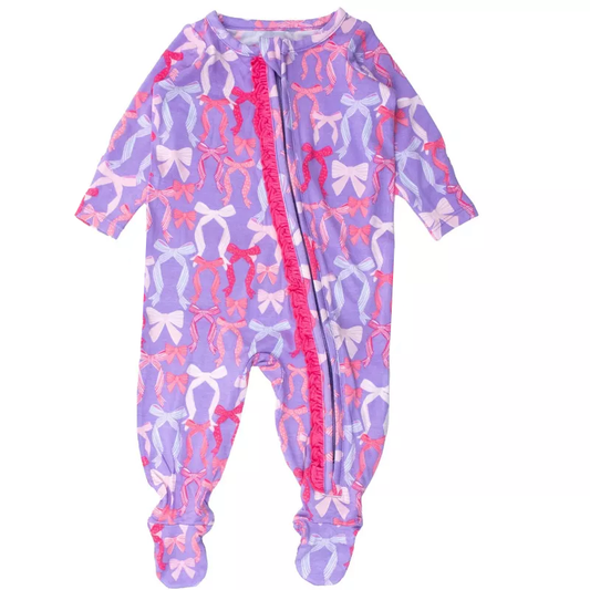 Preorder LR2610 Bows Pattern Rose Red Zipper Purple Long Sleeve Girls Romper with Socks 202508