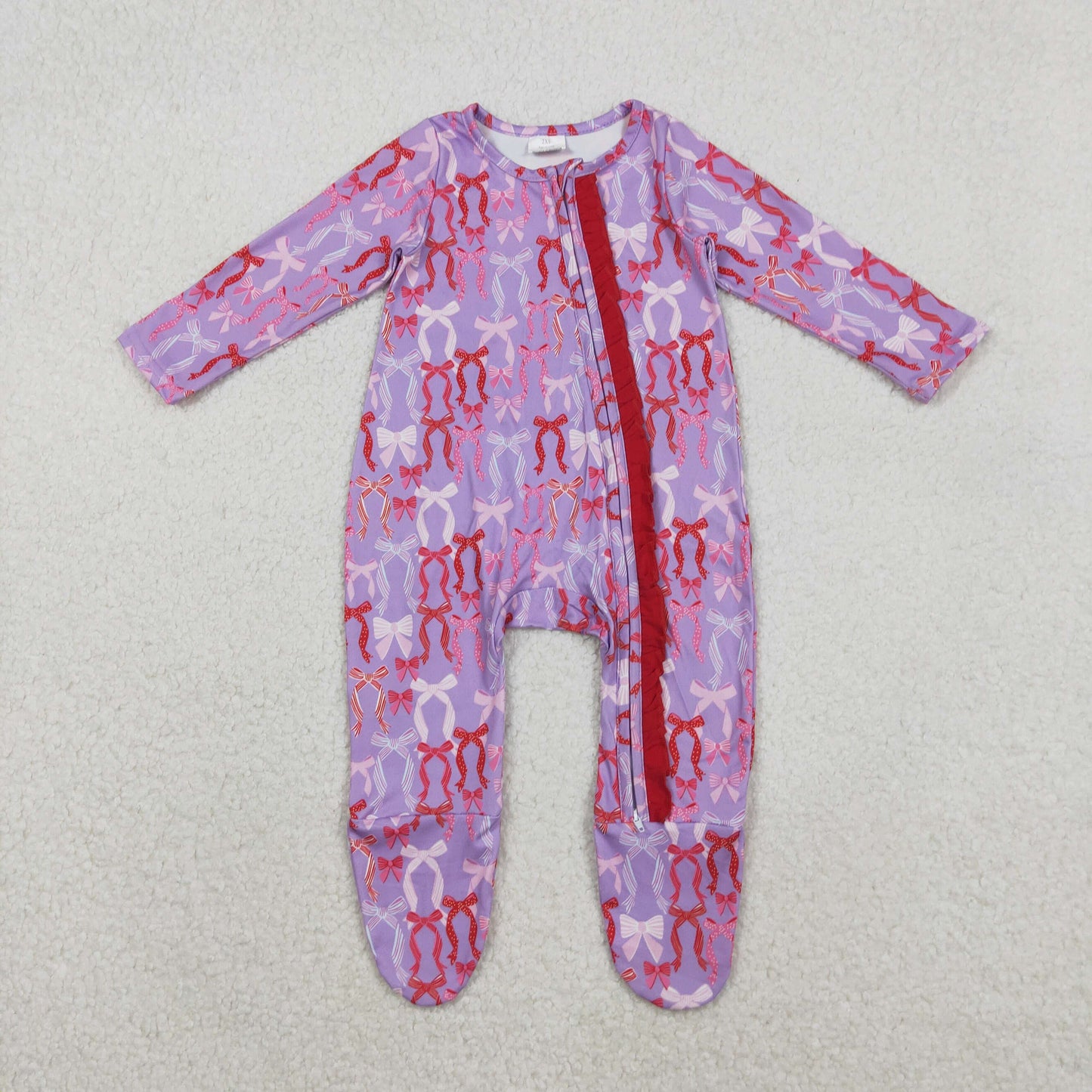 LR2610 Bows Pattern Rose Red Zipper Purple Long Sleeve Girls Romper with Socks 202511 RTS