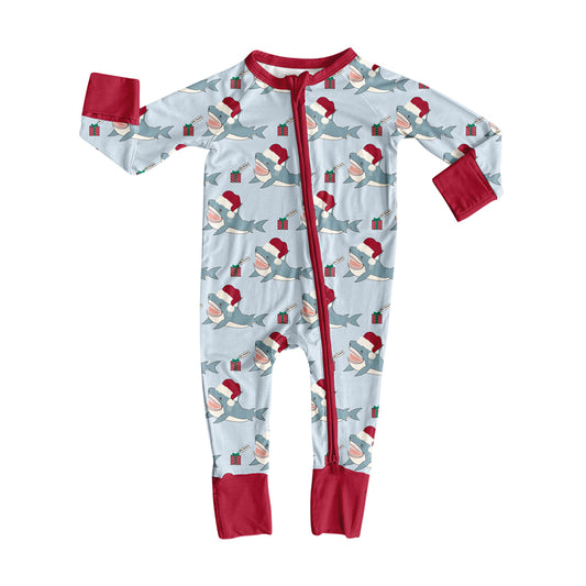 Preorder LR2614 Christmas Shark Gift Blue Zipper Long Sleeve Boys Romper 202508