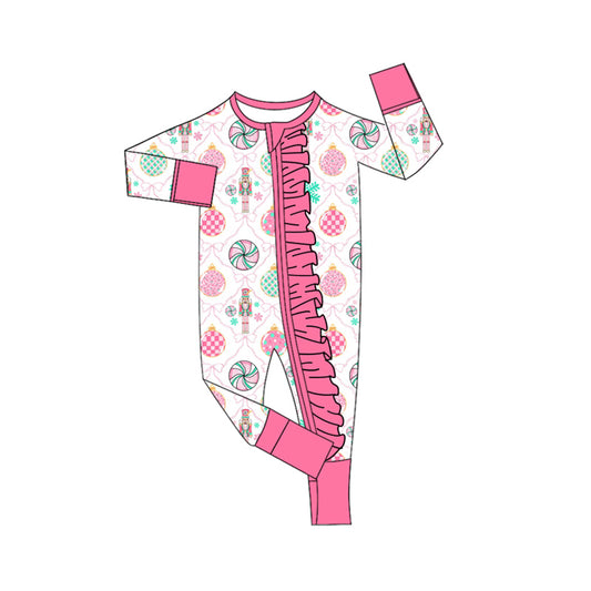Preorder LR2616 Christmas Nutcracker Lollipop Rose Red Ruffle Zipper Long Sleeve Girls Romper 202508