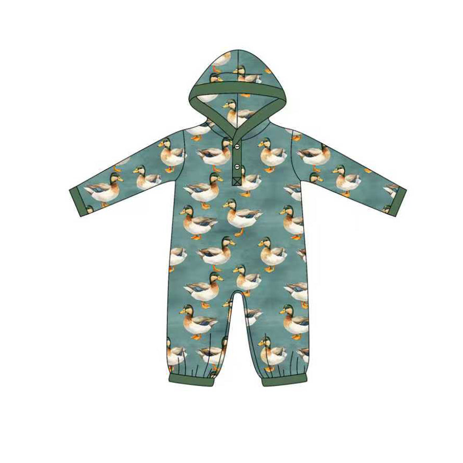 Preorder LR2618 Duck Hunting Dark Green Hooded Long Sleeve Boys Romper 202508