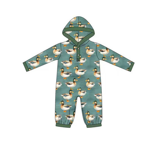 Preorder LR2618 Duck Hunting Dark Green Hooded Long Sleeve Boys Romper 202508
