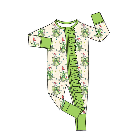 MOQ 5 Preorder LR2621 Christmas Bows Tree Green Ruffle Zipper Long Sleeve Girls Romper 202508