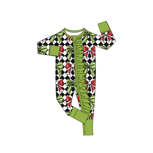 MOQ 5 Preorder LR2622 Christmas Bows Plaid Green Ruffle Zipper Long Sleeve Girls Romper 202508