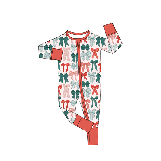 MOQ 8 Preorder LR2623 Red Green Bows Zipper Long Sleeve Girls Romper 202509