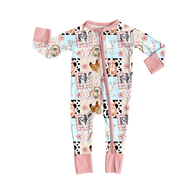 MOQ 8 Preorder LR2630 Chicken Pig Pink Zipper Long Sleeve Girls Romper 202509 Sibling