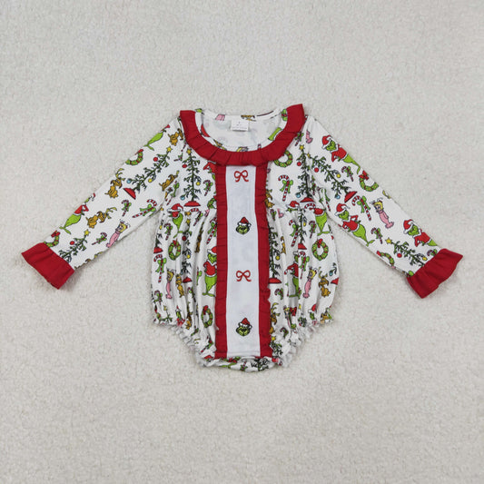 LR2635 Embroidered Christmas Grinch Bows Red Ruffle Zipper Long Sleeve Girls Romper 202510 RTS