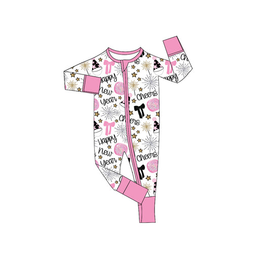 MOQ 8 Preorder LR2636 Happy New Year Pink Zipper Long Sleeve Girls Romper 202509