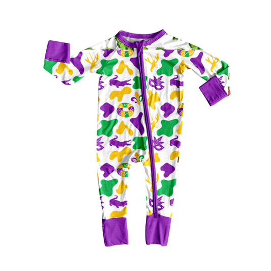 MOQ 8 Preorder LR2637 Mardi Gras Purple Zipper Long Sleeve Boys Romper 202509