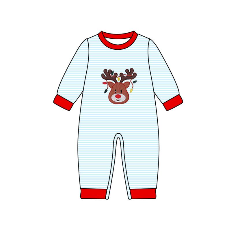 MOQ 8 Preorder LR2640 Christmas Deer Stripe Long Sleeve Boys Romper 202509 Sibling