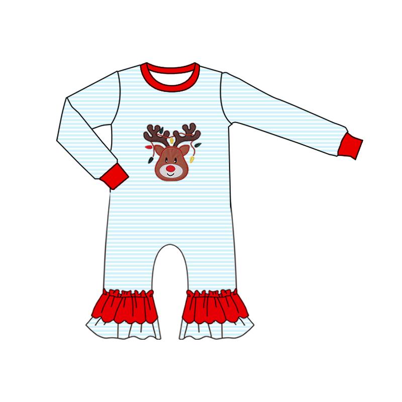 MOQ 8  Preorder LR2641 Christmas Deer Stripe Red Ruffle Long Sleeve Girls Romper 202509 Sibling