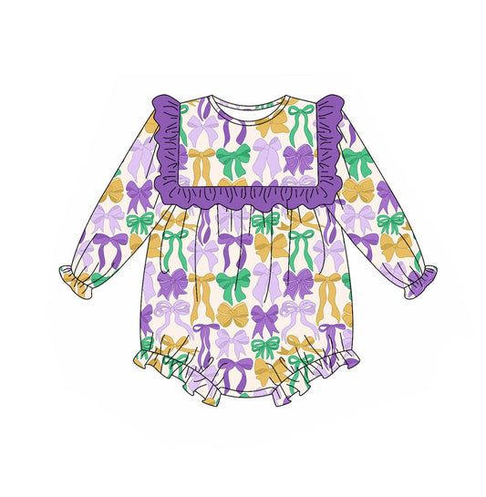 MOQ 8  Preorder LR2642 Mardi Gras Bows Purple Ruffle Long Sleeve Girls Bubble Romper 202509 Sibling