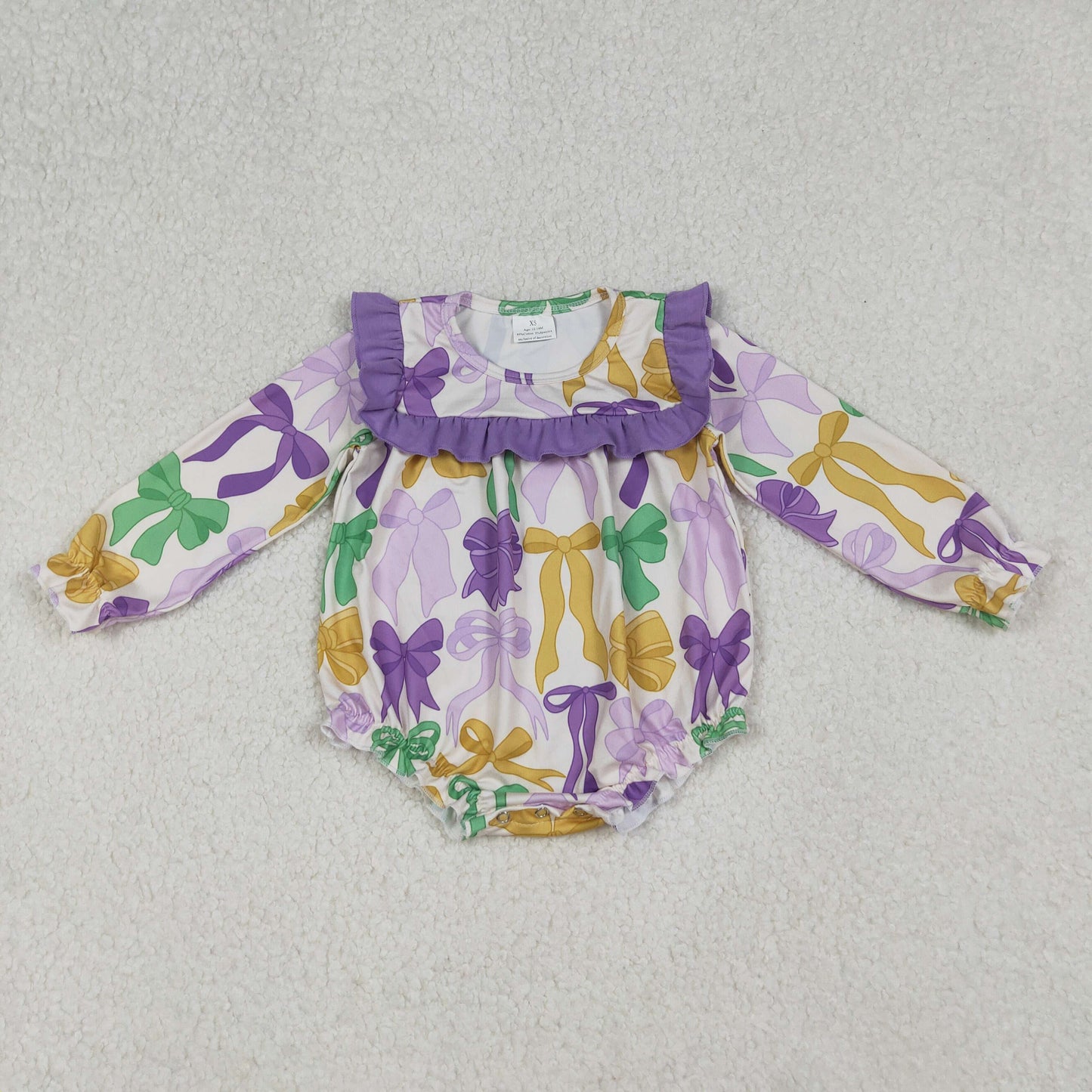 LR2642 Mardi Gras Bows Purple Ruffle Long Sleeve Girls Bubble Romper 202510 Sibling RTS