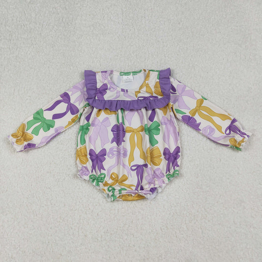 LR2642 Mardi Gras Bows Purple Ruffle Long Sleeve Girls Bubble Romper 202510 Sibling RTS
