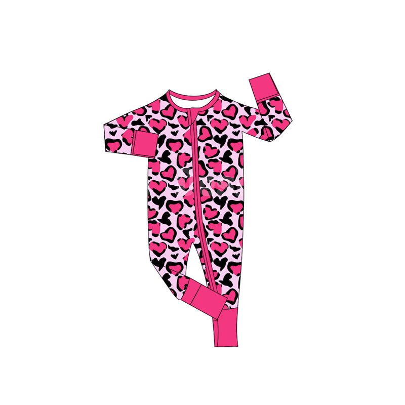 MOQ 8  Preorder LR2644  Valentine's Day Leopard Love Rose Red Zipper Long Sleeve Girls Romper 202509 Sibling