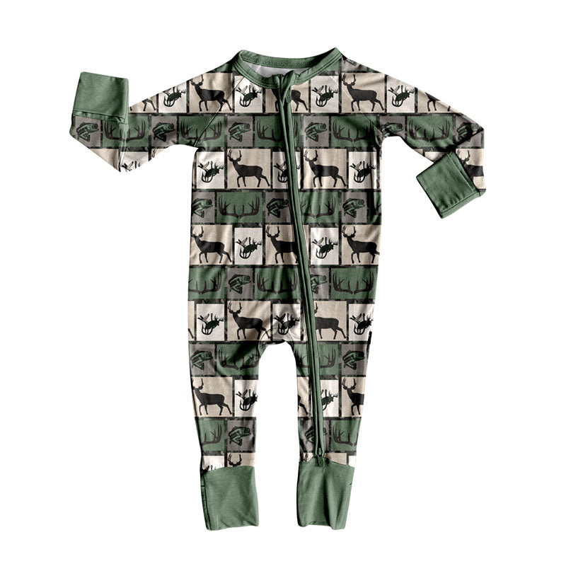 MOQ 8  Preorder LR2645 Deer Hunting Dark Green Zipper Long Sleeve Boys Romper 202509 Sibling