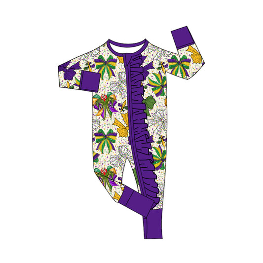 MOQ 8 Preorder LR2650 Mardi Gras Bows Purple Ruffle Zipper Long Sleeve Girls Romper 202509