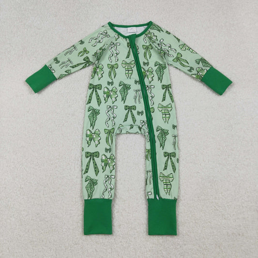 LR2654 Valentine's Day Bows Green Zipper Long Sleeve Girls Romper 202509 RTS