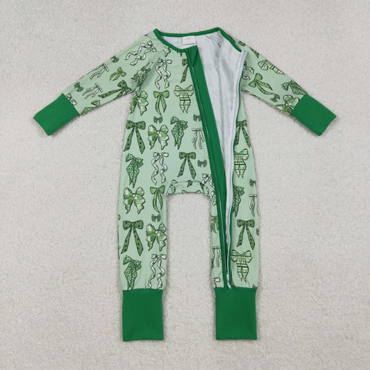 LR2654 Valentine's Day Bows Green Zipper Long Sleeve Girls Romper 202509 RTS