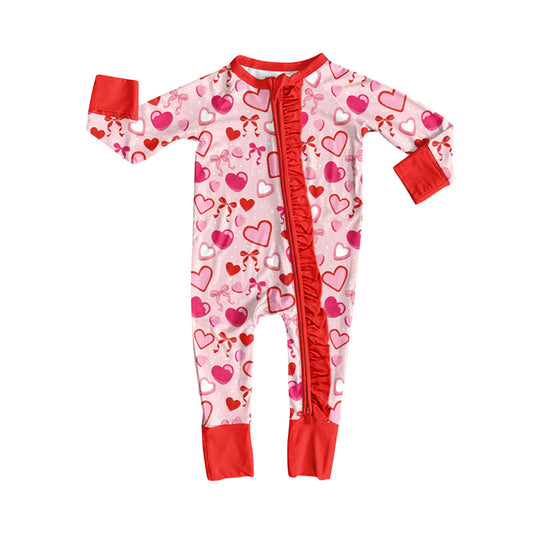 MOQ 8 Preorder LR2655 Valentine's Day Bows Love Red Ruffle Zipper Long Sleeve Girls Romper 202509