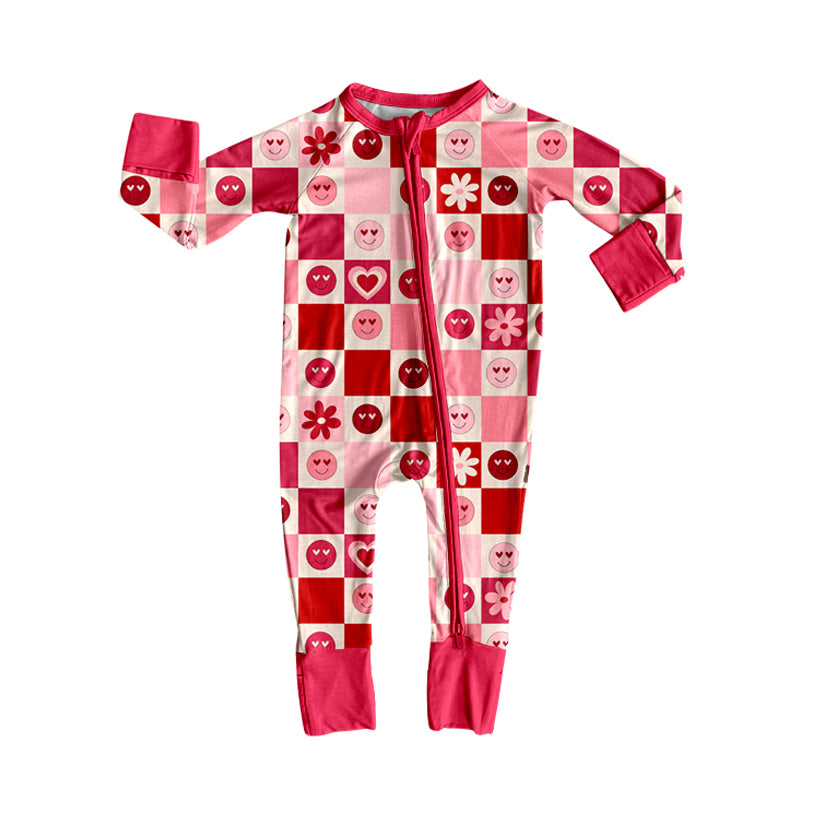 MOQ 5 Preorder LR2656 Valentine's Day Smile Face Love Plaid Red Zipper Long Sleeve Girls Romper 202509