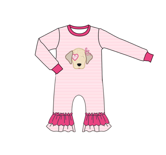 MOQ 8 Preorder LR2660 Valentine's Day Cute Puppy Stripe Riffle Long Sleeve Girls Romper 202509 Sibling