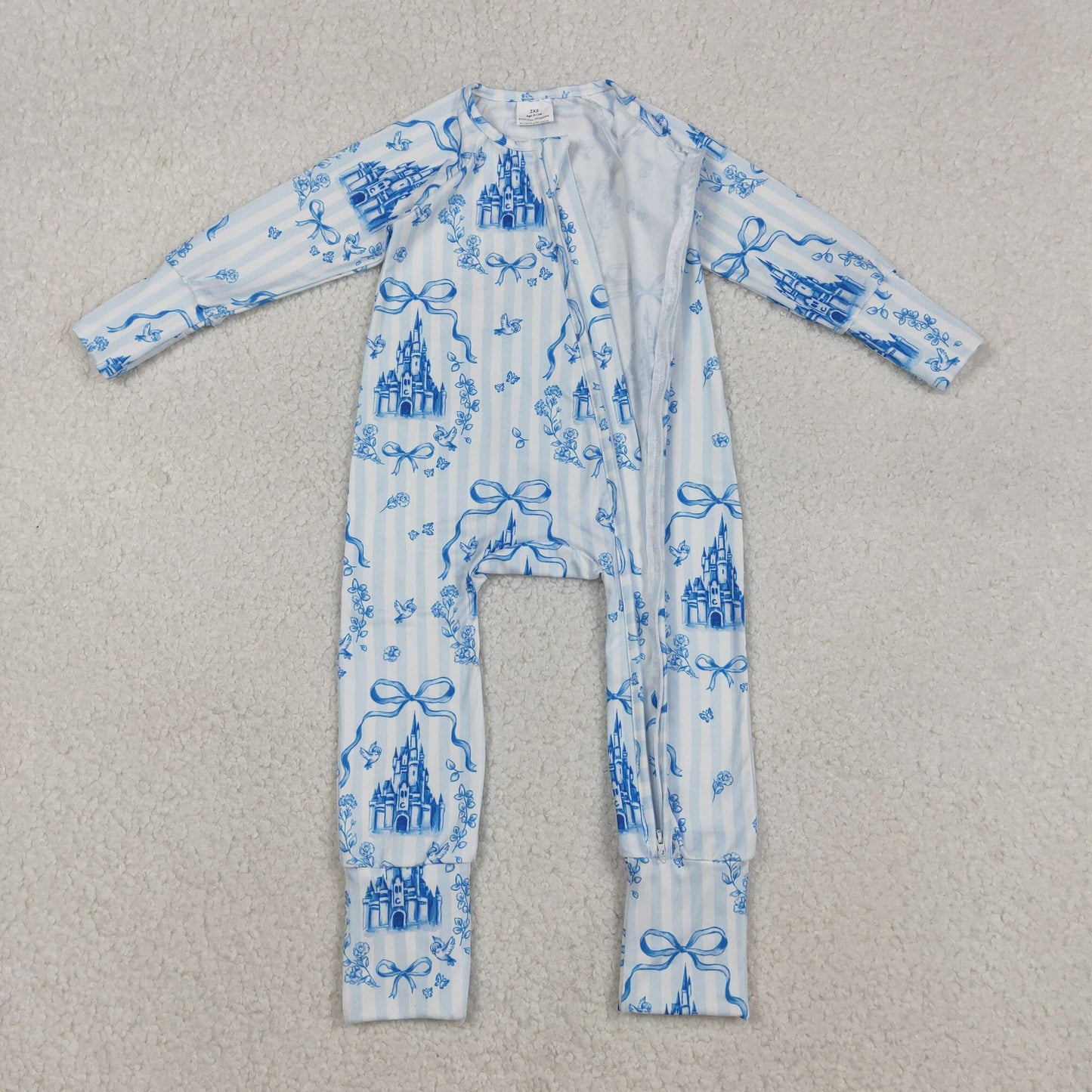LR2661 Bows  Castle Stripe Blue Zipper Long Sleeve Girls Romper 202511 RTS Sibling