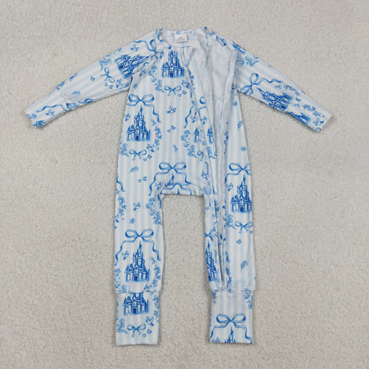 LR2661 Bows  Castle Stripe Blue Zipper Long Sleeve Girls Romper 202511 RTS Sibling