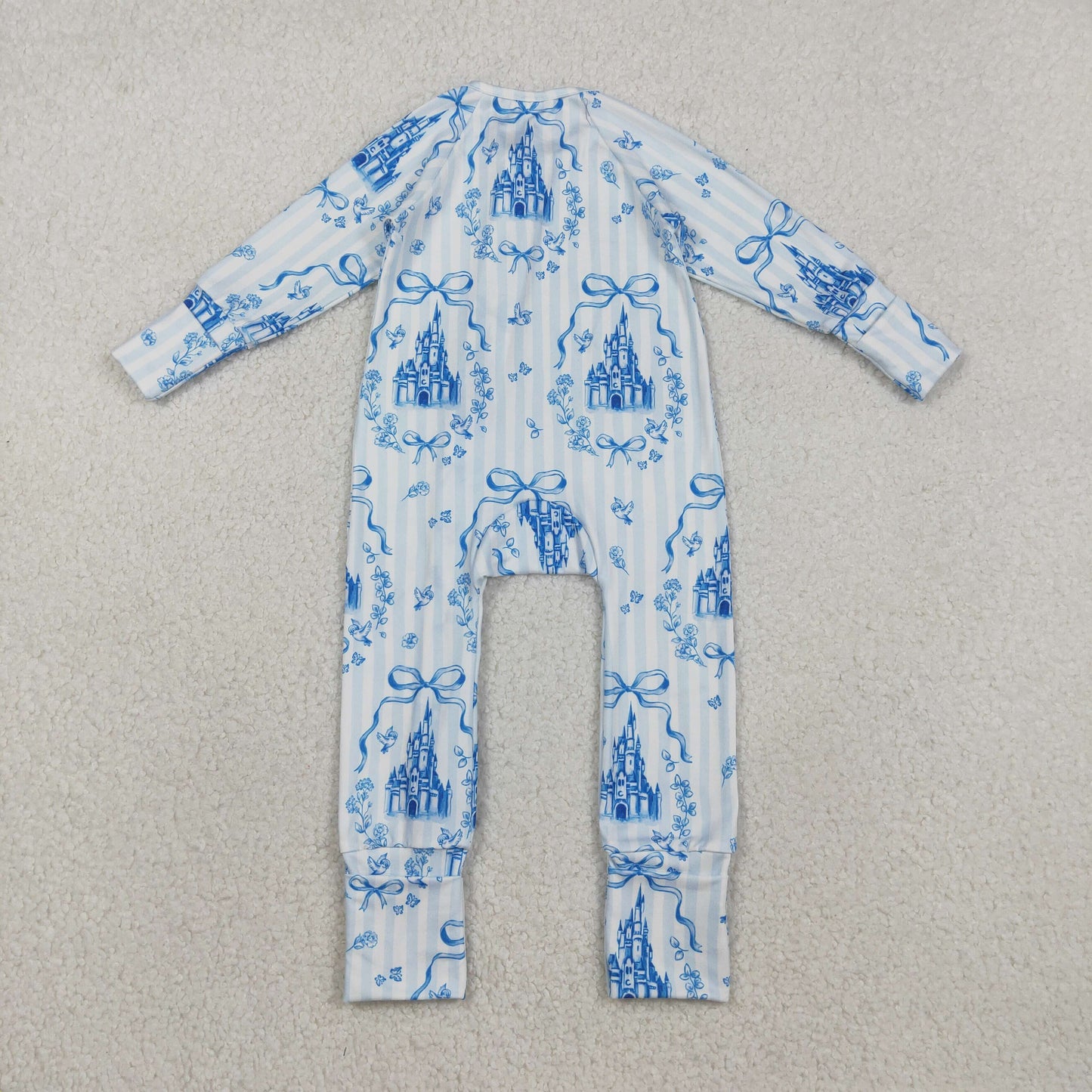 LR2661 Bows  Castle Stripe Blue Zipper Long Sleeve Girls Romper 202511 RTS Sibling
