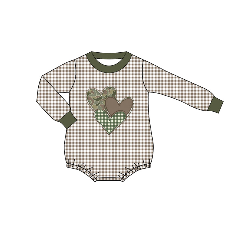 MOQ 8 Preorder LR2662 Valentine's Day Love Army Green Plaid Long Sleeve Boys Bubble Romper 202509 Sibling