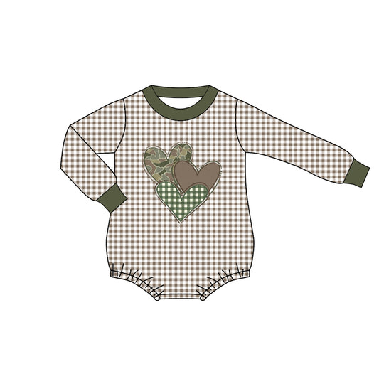 MOQ 8 Preorder LR2662 Valentine's Day Love Army Green Plaid Long Sleeve Boys Bubble Romper 202509 Sibling