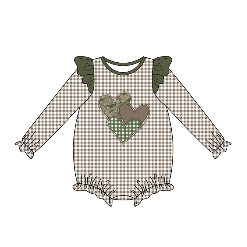 MOQ 8 Preorder LR2663 Valentine's Day Love Army Green Plaid Ruffle Long Sleeve Girls Bubble Romper 202509 Sibling