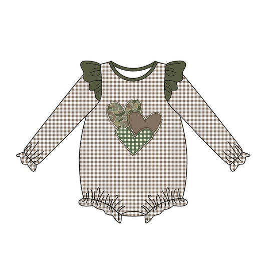 MOQ 8 Preorder LR2663 Valentine's Day Love Army Green Plaid Ruffle Long Sleeve Girls Bubble Romper 202509 Sibling