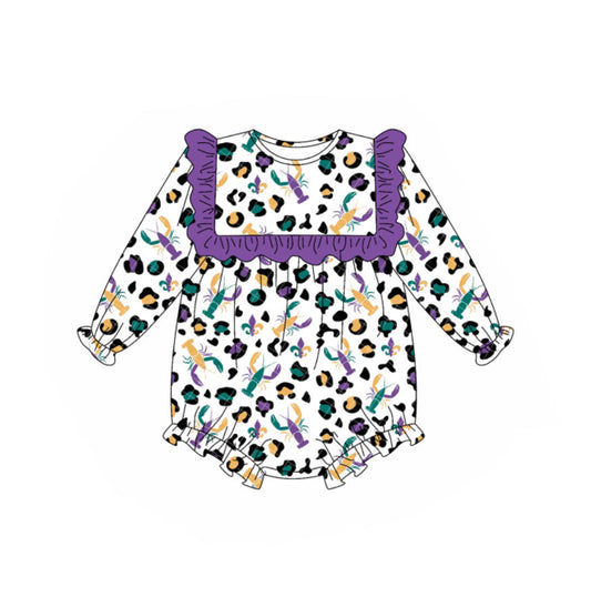MOQ 8 Preorder LR2666 Mardi Gras Purple Ruffle Long Sleeve Girls Bubble Romper 202509