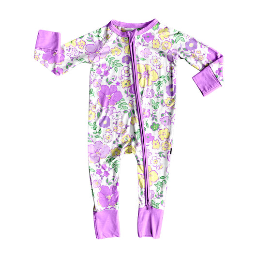 MOQ 8 Preorder LR2668 Flower Purple Zipper Long Sleeve Girls Romper 202509