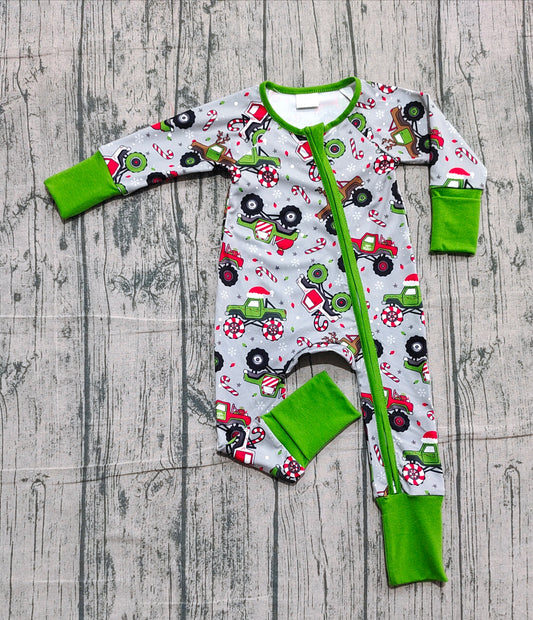 NO MOQ Preorder LR2669 Christmas Army Green Zipper Long Sleeve Boys Romper 202510